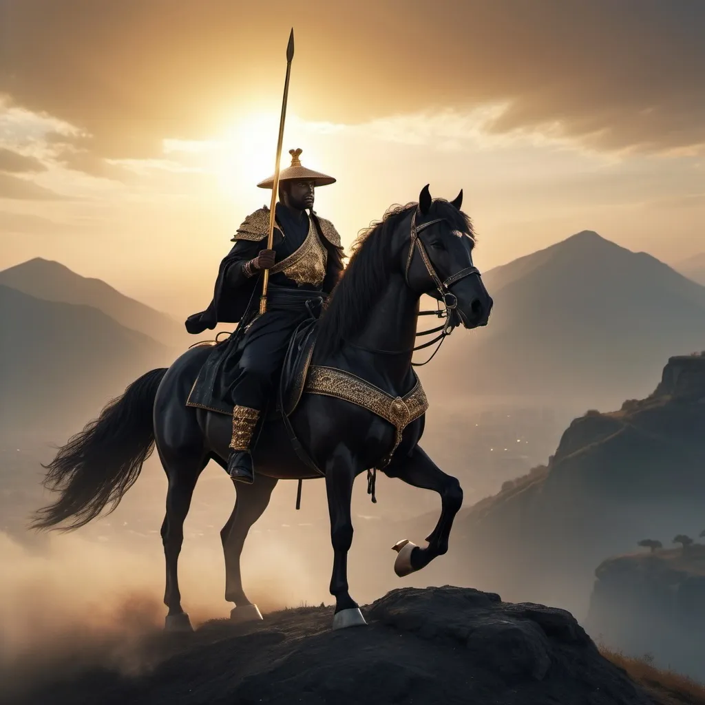 Prompt: (Dramatic scene) a black samurai man, (shoulder-length cherry hair), wearing (stylish black Persian gangster attire), mounted on a (majestic black horse), standing atop a (high hill) at dawn, with (soft golden light) illuminating the landscape, holding a (gleaming golden spear) in his left hand, (atmosphere of strength and determination), (highly detailed, cinematic, 4K quality).