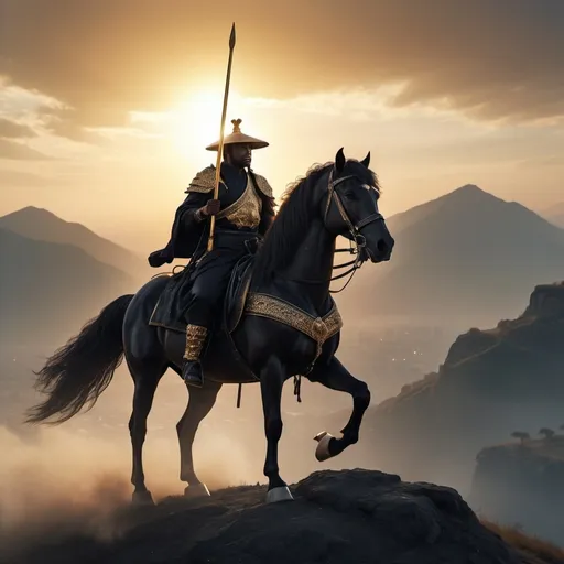 Prompt: (Dramatic scene) a black samurai man, (shoulder-length cherry hair), wearing (stylish black Persian gangster attire), mounted on a (majestic black horse), standing atop a (high hill) at dawn, with (soft golden light) illuminating the landscape, holding a (gleaming golden spear) in his left hand, (atmosphere of strength and determination), (highly detailed, cinematic, 4K quality).