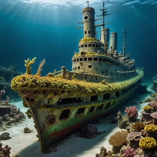 Prompt: In a mesmerizing underwater tableau, the remains of an old battleship lie encrusted with vibrant coral reefs and swaying seaweed, while a myriad of marine life thrives amidst the sunken relic, creating an artistic fusion of history and nature's resilience in the silent depths of the ocean.