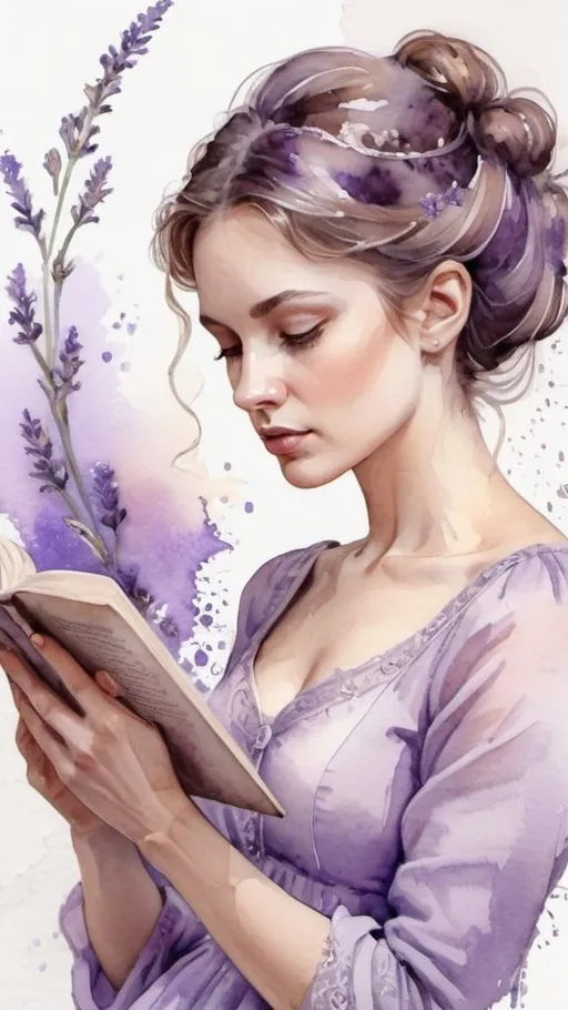 Prompt: Portrait. A delicate lady reading. Highly detailed. Lavender. Ethereal. Dreamy. Watercolor and ink splash art. Swirly ornaments in the background. Lovely hues of lavender