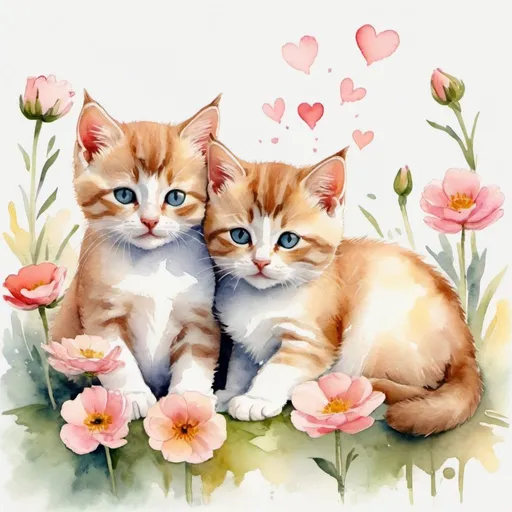 Prompt: créer une image à partir de ce texte : deux chatons dorment blottis au coeur d'une fleur. aquarelle lumière oblique, couleur douce, tendresse, sérénité, printemps heureux