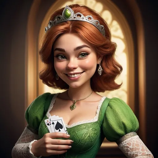 Prompt: playing card style, Fiona of Shrek, playful smile, emerging from card, Q♠️ symbol, card game aesthetic, stylized face, costume design, detailed lace cuffs, jesting pose, vivid makeup, shadow outline, card border, soft focus background, vintage card texture, high contrast, dynamic lighting, artful composition, clever visual pun, charming tableau