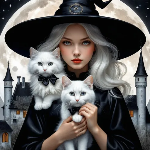 Prompt: A beautiful girl witch and her fluffy Blackand white magical cat art style by Leiji Matsumoto, Marianne Stokes, endre penovac, catrin welz Stein, Mondrian, James jean. High quality, highly detailed, intricate details.dynamic lighting award winning fantastic view ultra detailed high definition hdr focused glow shimmer