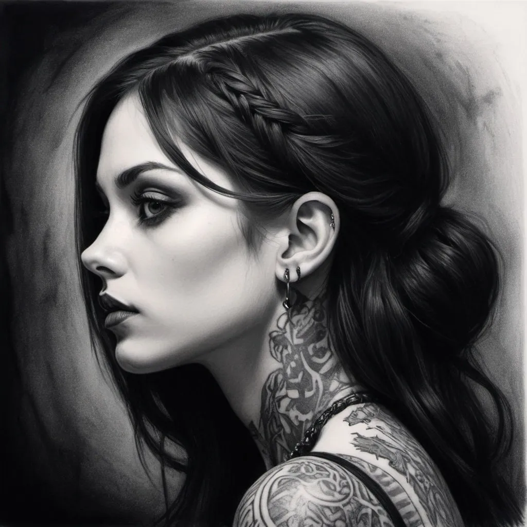 Prompt: (charcoal drawing:2.0), portrait of a stunningly beautiful Goth girl, 3/4 profile,  intricately tattooed :: high contrast, chiaroscuro, perfect composition