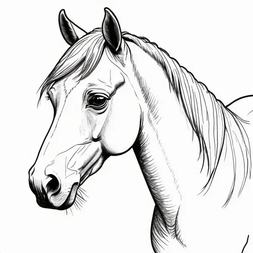 Prompt: create a simple, cute, but realistic, large, animal drawing of a horse in thick black outline, black lines only leaving space for kids to color in, include minimal landscaping relating to the animal. Drawings to be suitable for a kids coloring book ages 2-5, make sure not to use existing works.