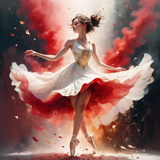 Prompt: Happy girl dancing, ballet jump, swinging white dress, background composed of colored smoke: beautiful red colour palette. Subtle ethereal fantasy, complementary colors: silver and gold. Golden speckles and rose petals all over. by Carne Griffiths, Victo Ngai, Jean Baptiste Monge, ultra-detailed, intricate, a masterpiece, vibrant, cinematic, perfect composition, spectacular lighting, digital painting, trending on Artstation, concept art, soft focus