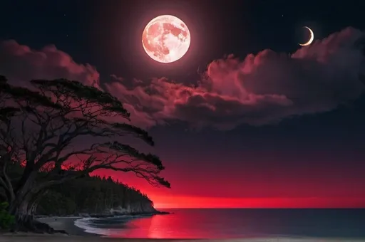 Prompt: Ocean view at night with trees and the moon glowing red through the clouds
