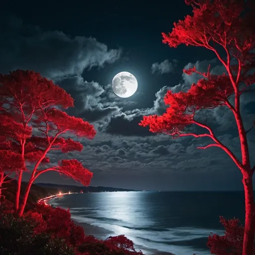 Prompt: Ocean view at night with trees and the moon glowing red through the clouds