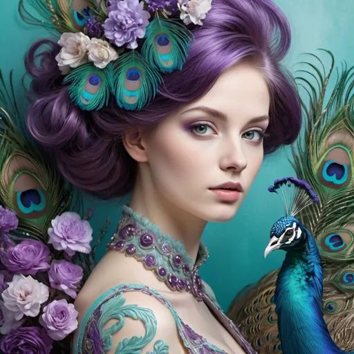 Prompt: dynamic composition of a pale skinned woman with hair of flowers and peacock plummage of aqua and purple, ornate details,facial closeup