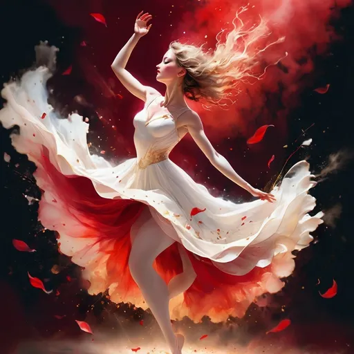 Prompt: Happy girl dancing, ballet jump, swinging white dress, background composed of colored smoke: beautiful red colour palette. Subtle ethereal fantasy, complementary colors: silver and gold. Golden speckles and rose petals all over. by Carne Griffiths, Victo Ngai, Jean Baptiste Monge, ultra-detailed, intricate, a masterpiece, vibrant, cinematic, perfect composition, spectacular lighting, digital painting, trending on Artstation, concept art, soft focus