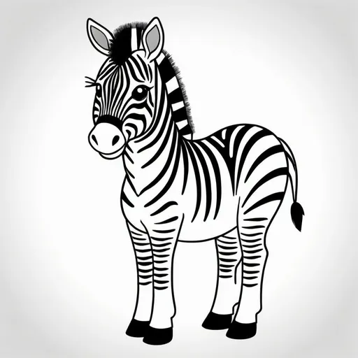 Prompt: create a simple, cute animal drawing of a cute zebra with no shading in thick black outline, black lines only leaving space for kids to color in, include minimal landscaping relating to the animal. Drawings to be suitable for a kids coloring book ages 2-5, make sure not to use existing works.