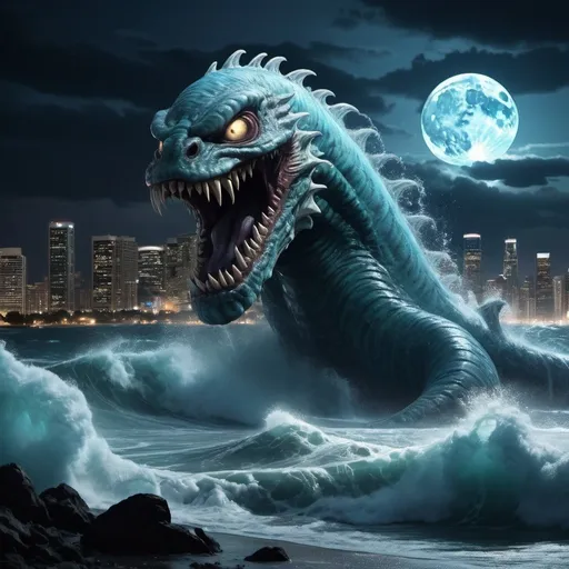 Prompt: A humongous deadly sea monster made of water emerging from a monstrous tsunami wave at night. Bioluminescent scales illuminate the scene. City skyline in background, debris scattered. Focus on monster's head breaking the wave, with storm and moon above.