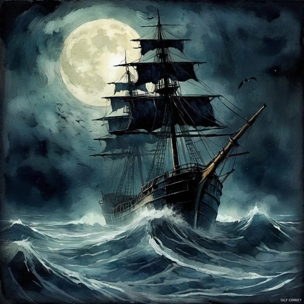 Prompt: <lora:Impasto:1.0> <lora:Impasto Painting:1.0> haunted ship on rough seas under a full moody moon eerie haunting dark fantasy Sart Isle brom Impasto gritty grunge watercolor van Gogh gurney