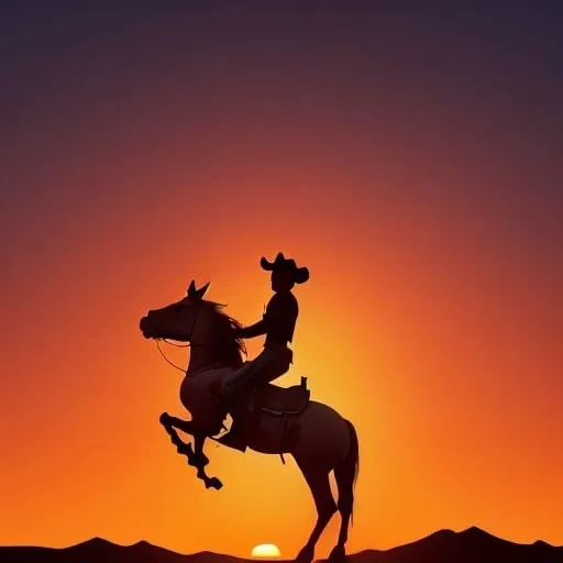 Prompt: silhouette of a cowboy riding into the orange sunset, c4d, dreamy and optimistic, vibrant sky