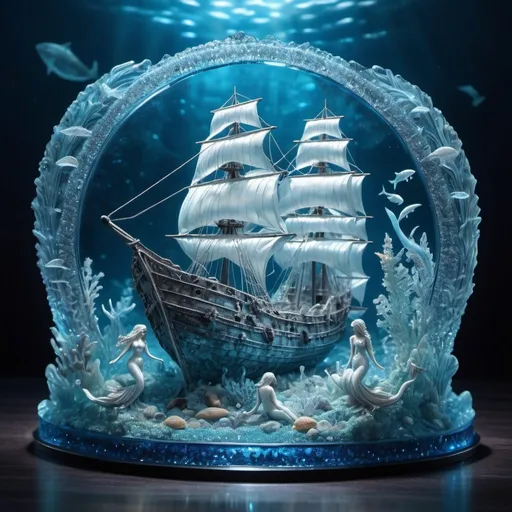 Prompt: Delicate light transparent crystal glass sculpture of a sunken ship surrounded by mermaids, ghostly underwater background is light blue/blue glitter, only blue shades, luminous opalescent, extreme contrast & saturation, shimmering, magical fantasy artwork entirely made of crystal glass, zentangle, breathtaking intricate details, realistic lifelike cgi diorama, dramatic natural lighting, CGI VFX fineart