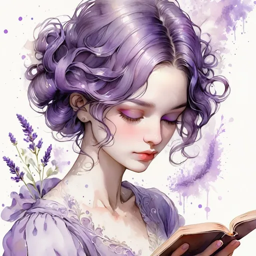 Prompt: Portrait. A delicate lady reading. Highly detailed. Lavender. Ethereal. Dreamy. Watercolor and ink splash art. Swirly ornaments in the background. Lovely hues of lavender