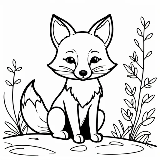 Prompt: create a simple, cute animal drawing of a cute fox with no shading in thick black outline, black lines only leaving space for kids to color in, include minimal landscaping relating to the animal. Drawings to be suitable for a kids coloring book ages 2-5, make sure not to use existing works.
