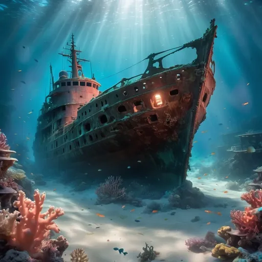 Prompt: magnificent bioluminescent Shipwrecks under ethereal coral underwaters in the pacific, field of depth, highly detailed, natural lighting, light-focused