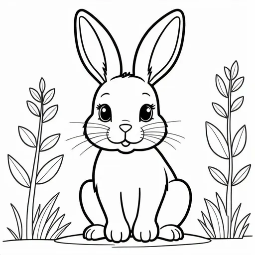 Prompt: create a simple, cute animal drawing of a cute rabbit with no shading in thick black outline, black lines only leaving space for kids to color in, include minimal landscaping relating to the animal. Drawings to be suitable for a kids coloring book ages 2-5, make sure not to use existing works.