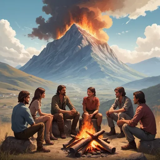 Prompt: a group of people sitting around a fire with a sky background and a mountain in the background with clouds, Diego Gisbert Llorens, sots art, key art, poster art