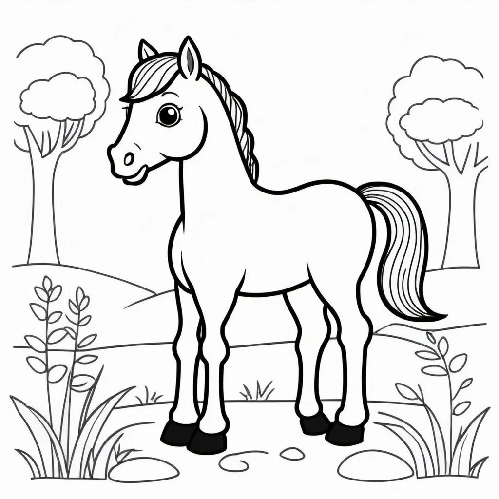 Prompt: create a simple, cute animal drawing of a cute horse with no shading in thick black outline, black lines only leaving space for kids to color in, include minimal landscaping relating to the animal. Drawings to be suitable for a kids coloring book ages 2-5, make sure not to use existing works.