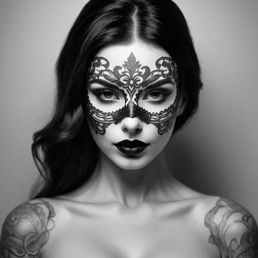 Prompt: Black and white face of a beautifull inked Brunette woman with black lips wearing a venezian mask, subtly dressed, head and shoulders portrait, 8k resolution concept art portrait