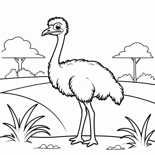 Prompt: create a simple, cute animal drawing of a ostrich with no shading in thick black outline, black lines only leaving space for kids to color in, include minimal landscaping relating to the animal. Drawings to be suitable for a kids coloring book ages 2-5, make sure not to use existing works.