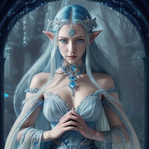 Prompt: Blue elf woman with white eyes and blue hair, ethereal fantasy painting, flowing gown and elegant jewelry, high quality, fantasy art, ethereal, detailed features, serene lighting, mystical atmosphere, long flowing hair, graceful pose, elegant, mystical, detailed eyes, serene, fantasy, ethereal tones, professional, atmospheric lighting