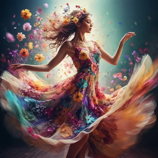 Prompt: Stunning woman made of colorful flowers dancing, digital illustration, vibrant, high-resolution, surreal, fantasy, floral dress swaying, ethereal beauty, flowing movement, enchanting, blooming petals, intricate details, luscious colors, dreamy atmosphere, magical lighting
