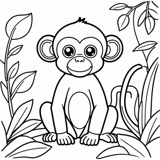 Prompt: create a simple, cute animal drawing of a monkey with no shading in thick black outline, black lines only leaving space for kids to color in, include minimal landscaping relating to the animal. Drawings to be suitable for a kids coloring book ages 2-5, make sure not to use existing works.