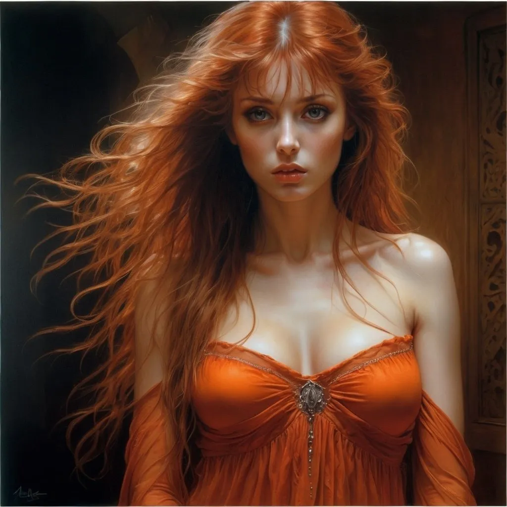 Prompt: hyper detailed hyper realistic painting by Serge Marshennikov, Luis Royo, Karol Bak :: beautiful young woman with above average chest size, long wavy red hair with long bangs, wearing transparent gauzy orange dress, living room at night, dim lighting, :: perfectly detailed eyes, symmetrical facial features, accurate anatomy, perfectly proportional face, a masterpiece, incredible composition, amazing depth