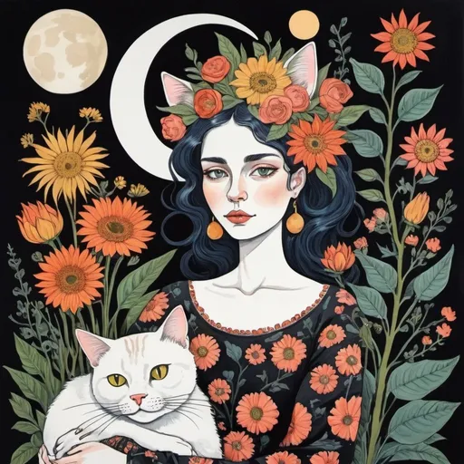 Prompt: Woman with flowers in her hair and a cat in her lap. Fantastic plants and flowers surroundings. Gouache painting. Pen and ink. High contrast. Flowers. Moon. Sun. Rich color-palette. Dadaism