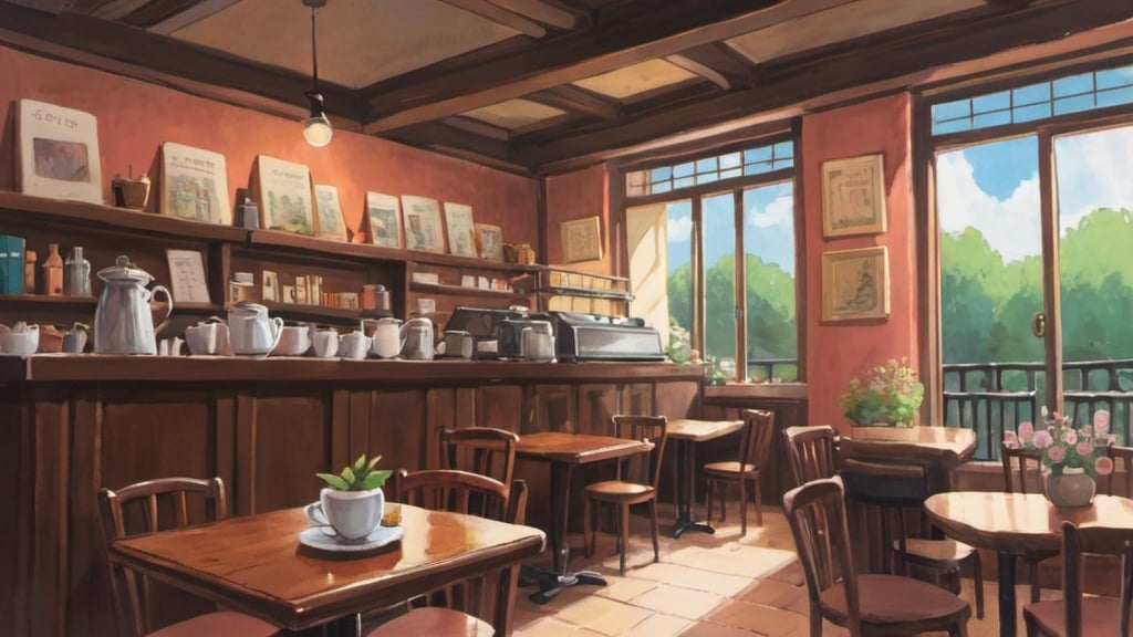 Prompt: Ghibli-style painting of a cafe with books and cat