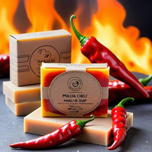 Prompt: Hot chilli Mhala soap with package on fire as background