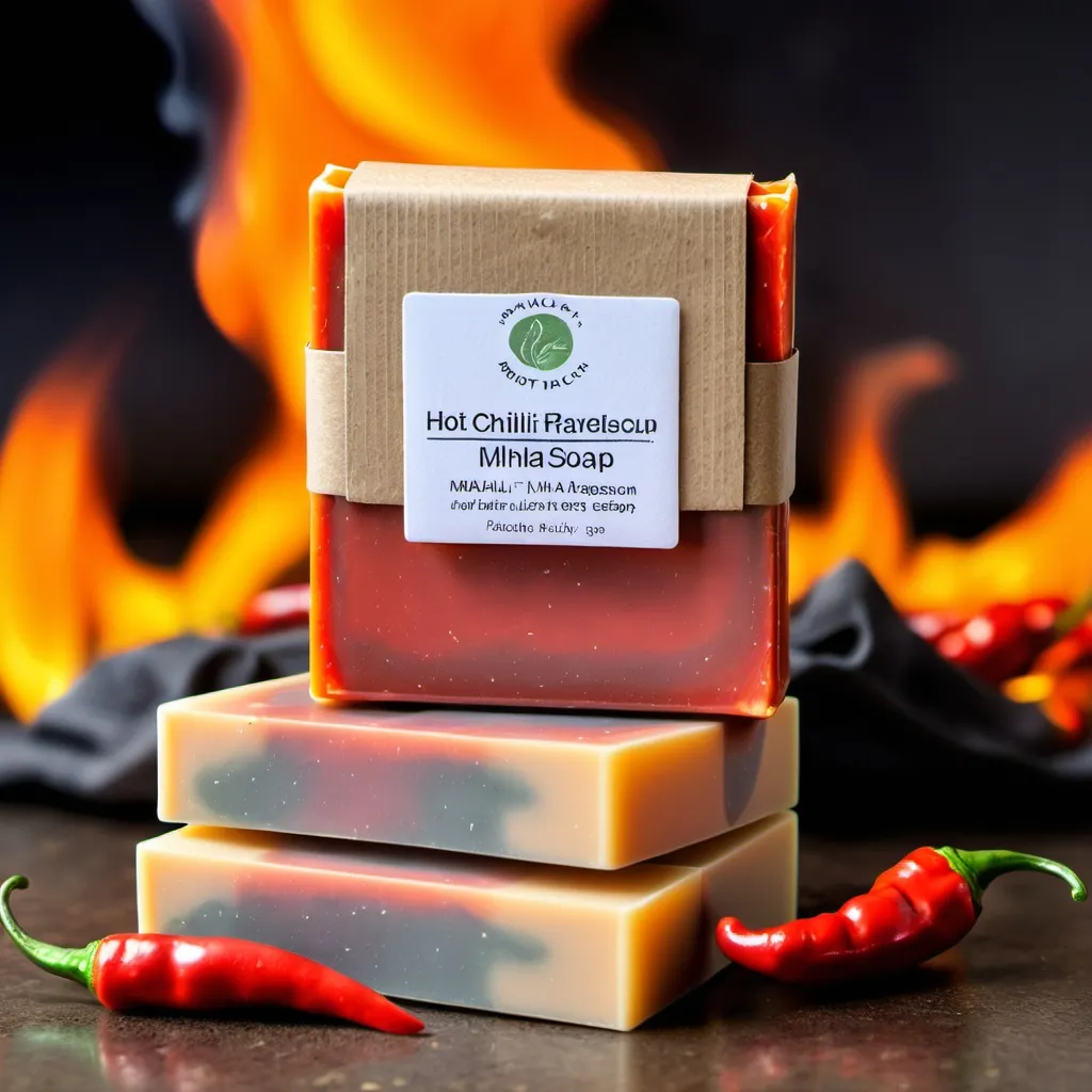 Prompt: Hot chilli Mhala soap with package on fire as background