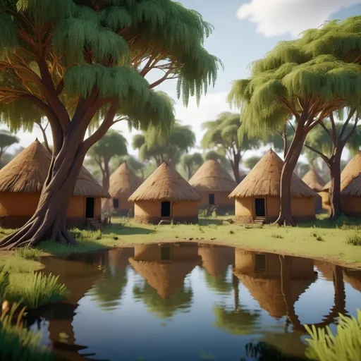 Prompt: a mysterious forest next to a lake, high quality, unreal engine, ethiopian round tukul houses, ethiopian new year celebrationn acacia trees