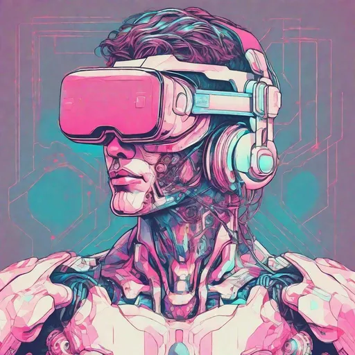 Prompt: beautiful male cyborg with VR mask, risograph
