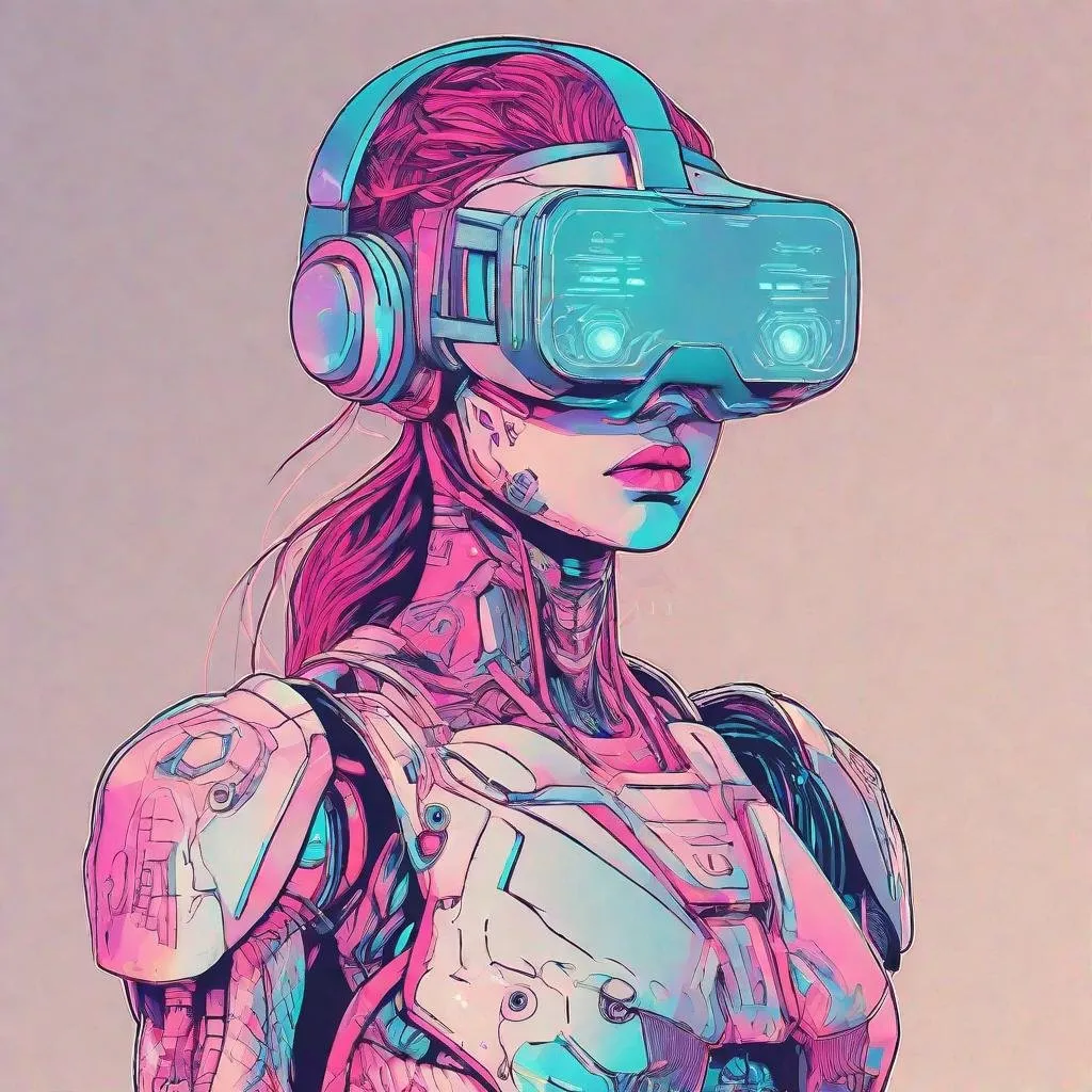 Prompt: beautiful female cyborg with VR mask, risograph
