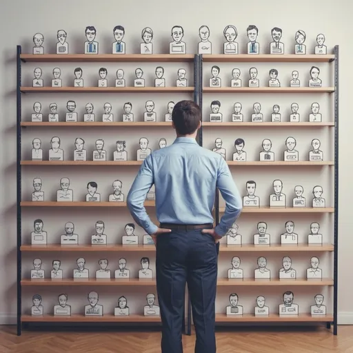 Prompt: Create an image that depicts a person (the ideal customer) standing in front of a bunch of different SaaS software choices that are lined up on a shelf. The person is confused and not sure who to choose. 