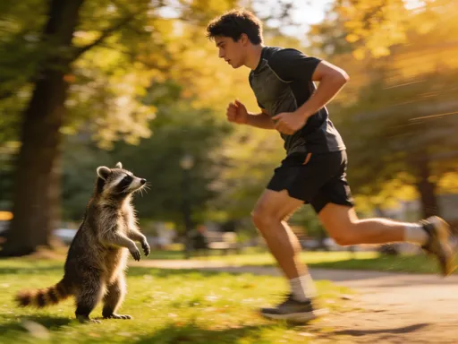 Prompt: Young man running through the park and stops running when he comes in contact with a raccoon that stands up and looks at him.