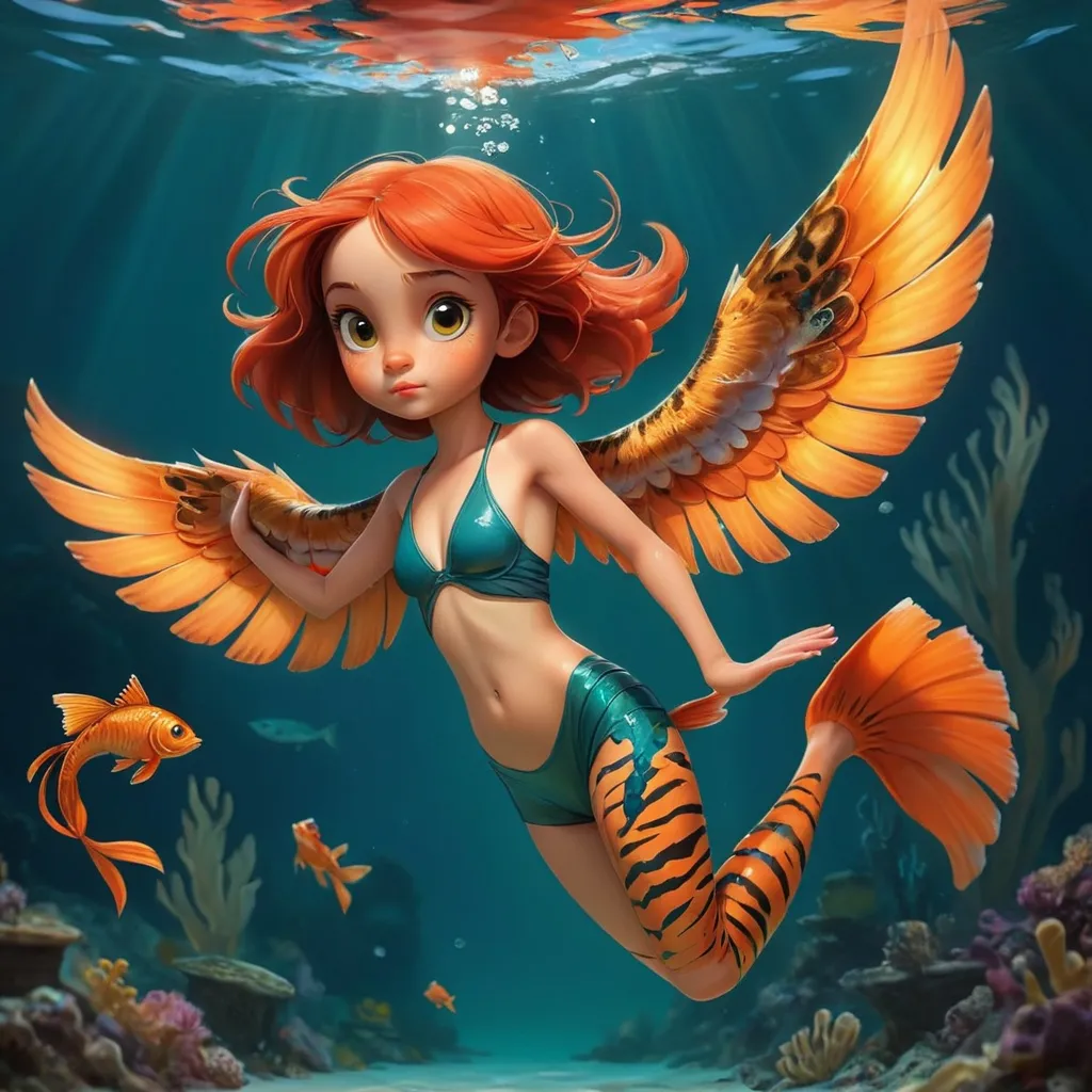 Prompt: A girl with a fish like body, phoenix like wings, tiger like feet, swimming in the deep sea