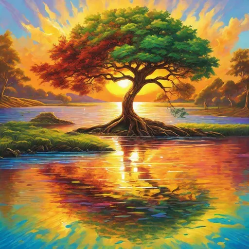 Prompt: A tree stands in the middle of the water, one sun hangs on the top of the tree, and nine suns are under the branches, taking turns taking showers, Fantastic, colourful, beautiful, Fantastic, realist style, artistic, and colorful, it is a masterpiece, high-definition, and of high quality