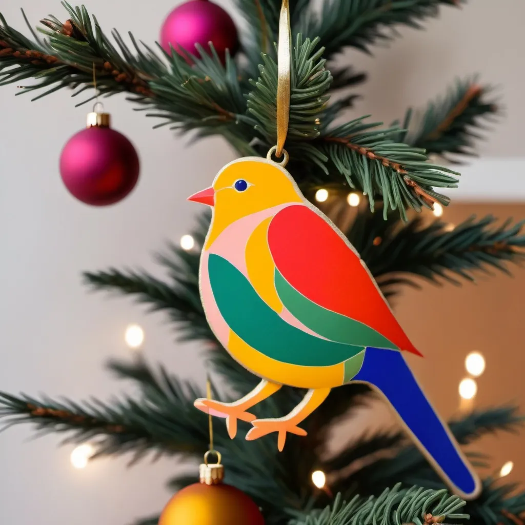 Prompt: A bird skin in Matisse style, on a Christmas tree