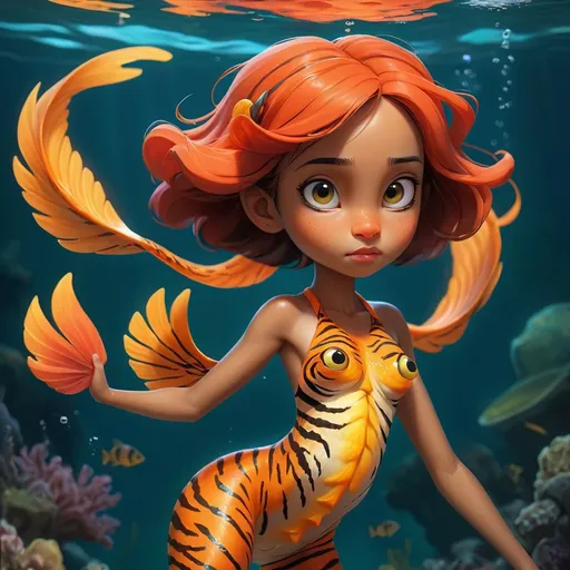 Prompt: A girl with a fish like body, phoenix like wings, tiger like feet, swimming in the deep sea