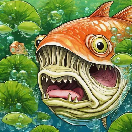 Prompt: There are ten fish bodies under the head of a fish, three pairs of eyes, one fish mouth, with bubbles in its mouth, swimming in the water grass. It is a fantasy, artistic masterpiece, high-definition, and of high quality