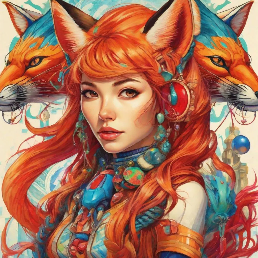 Prompt: A girl wearing a tight suit resembling a fox, with fish fins on her back, three tails, and a red necklace hanging around her neck, 
Fantastic, colourful, beautiful, Fantastic, artistic, and colorful, it is a masterpiece, high-definition, and of high quality
