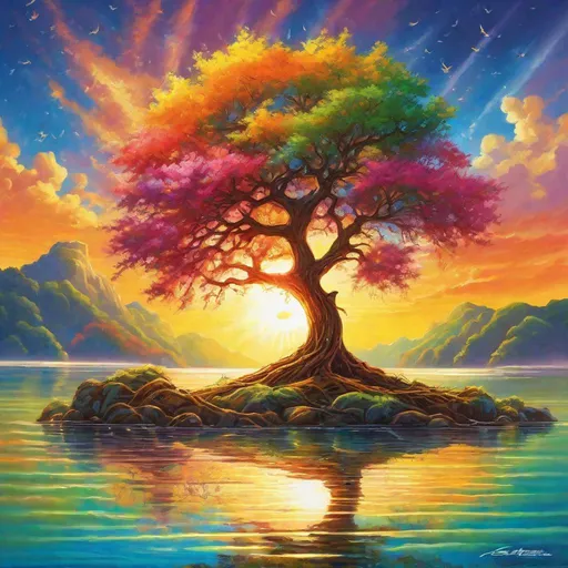 Prompt: A tree stands in the middle of the water, one sun hangs on the top of the tree, and nine suns are under the branches, taking turns taking showers, Fantastic, colourful, beautiful, Fantastic, realist style, artistic, and colorful, it is a masterpiece, high-definition, and of high quality