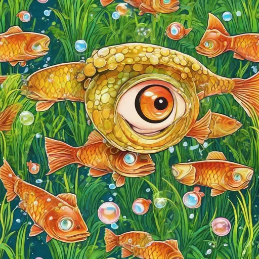 Prompt: There are ten fish bodies under the head of a fish, three pairs of eyes, one fish mouth, with bubbles in its mouth, swimming in the water grass. It is a fantasy, artistic masterpiece, high-definition, and of high quality