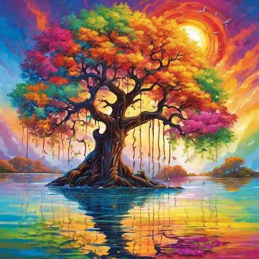 Prompt: A tree stands in the middle of the water, there are ten suns, one sun hangs on the top of the tree, and nine suns are under the branches, taking turns taking showers, Fantastic, colourful, beautiful, Fantastic, artistic, and colorful, it is a masterpiece, high-definition, and of high quality