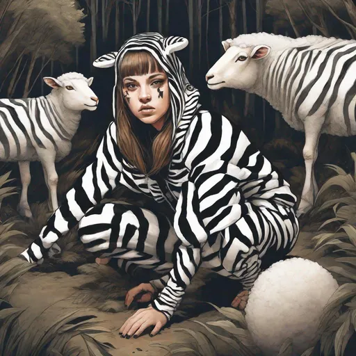 Prompt: A girl with tiger claws, sheep horns on her head, wearing zebra clothes, crawling in the forest